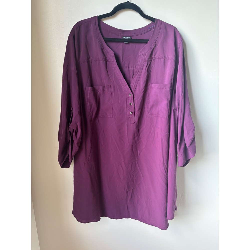 Torrid Harper Womens 5 Purple Tunic Blouse Plus Size Roll Tab Sleeve Henley Top